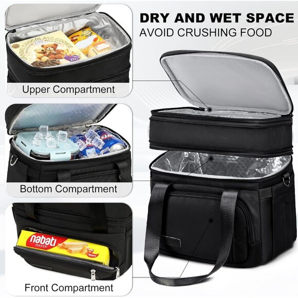 Double Deck Insulated Lunch Box for Men & Women, Leakproof Tote Cooler (Black) - Picture 3 of 7